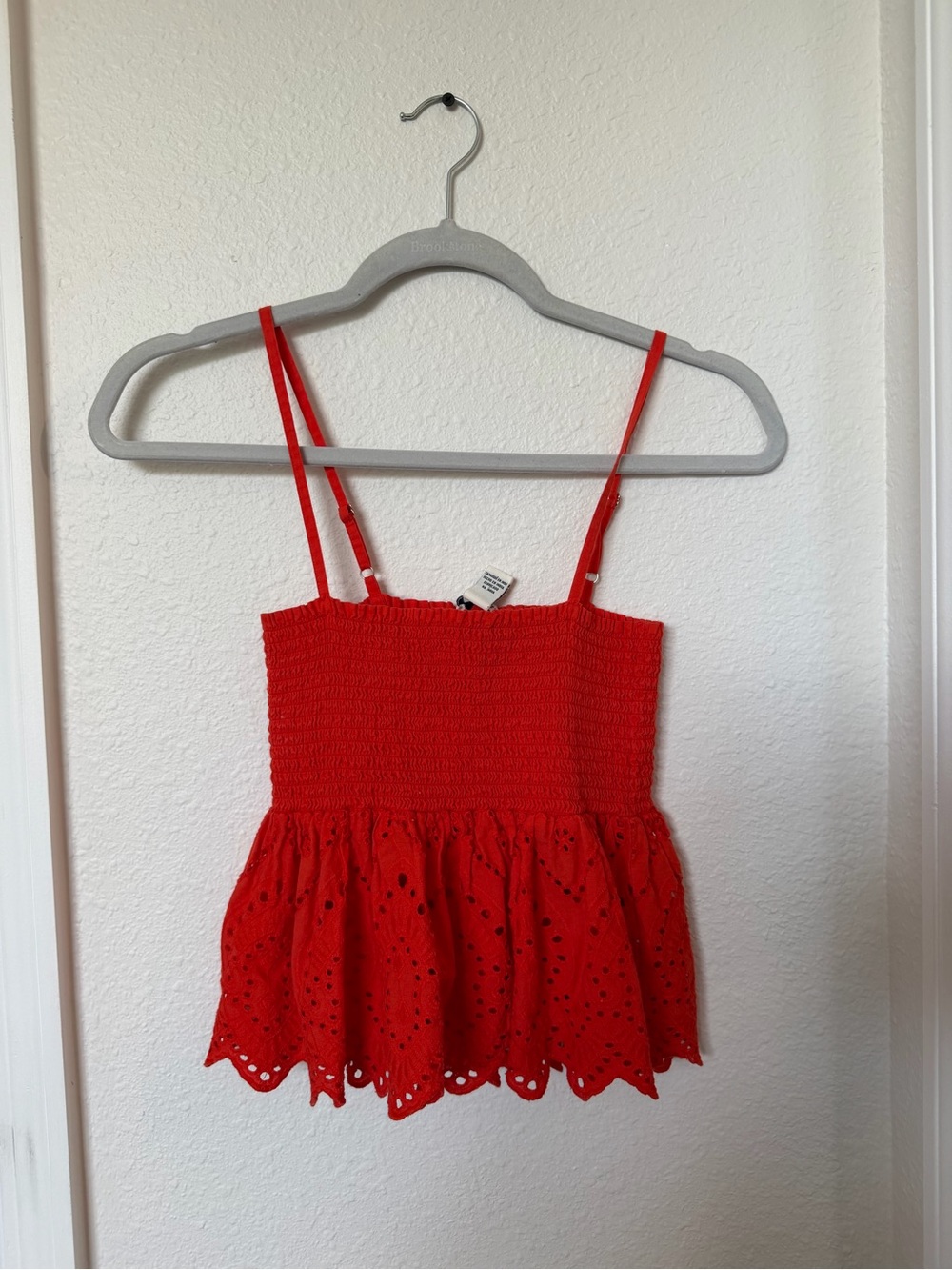 Red Eyelet Smocked Peplum Tank Top - Women's